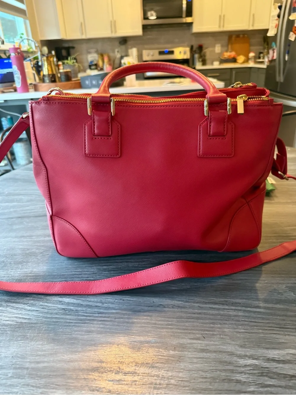 Tory Burch Bright Red Leather Satchel with Gold Hardware